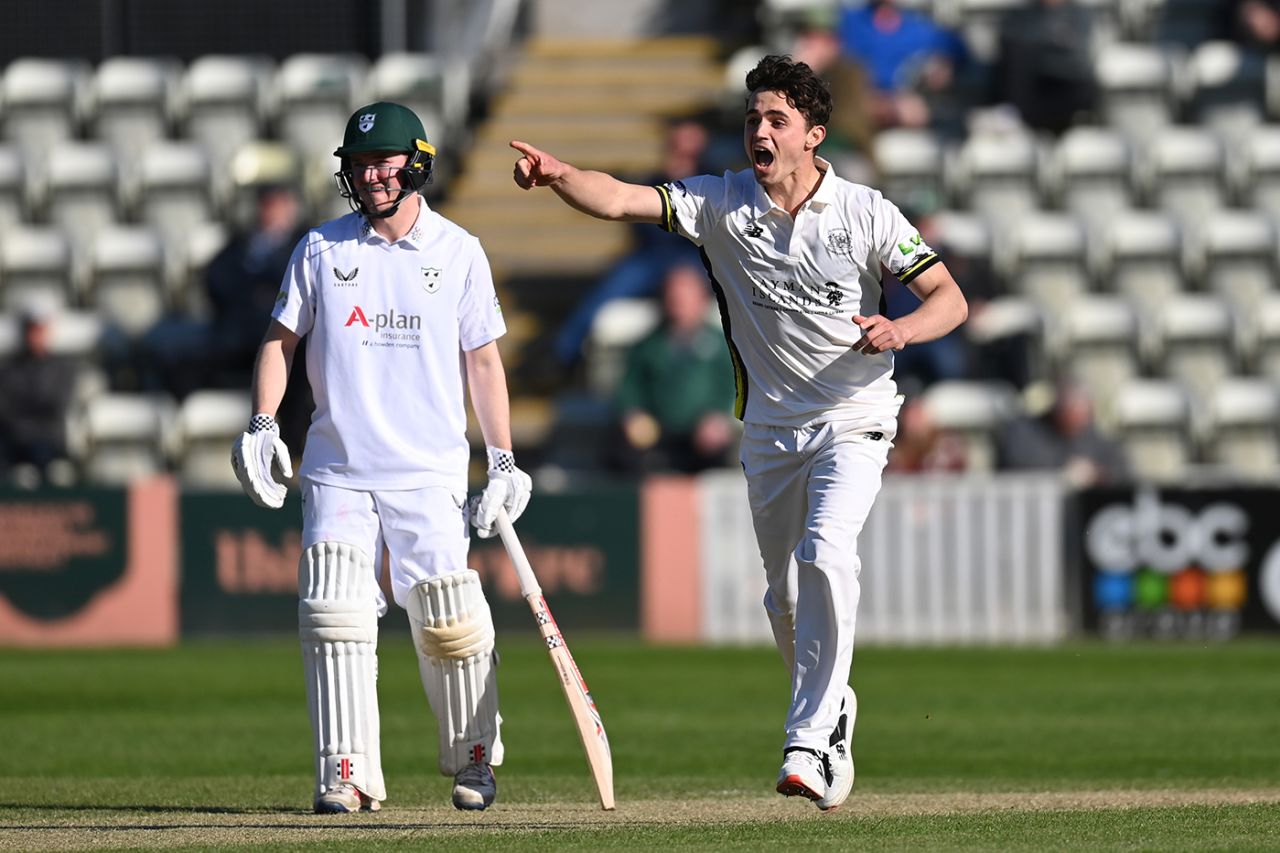 Tom Price celebrates dismissing Brett D'Oliveira to complete his hat-trick, Worcestershire vs Gloucestershire, County Championship, Division Two, New Road, April 20, 2023