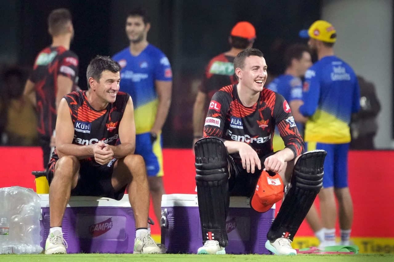 Simon Helmot and Harry Brook find a reason to smile, Chennai, April 20, 2023