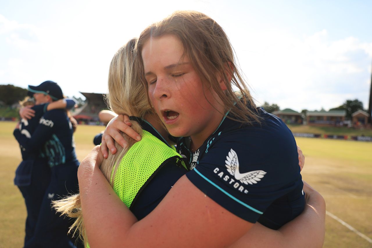 Sheer relief: Grace Scrivens celebrates England's semi-final win over Australia with team-mate Lizzie Scott, England vs Australia, ICC Women's U19 T20 World Cup, Potchefstroom, January 27, 2023