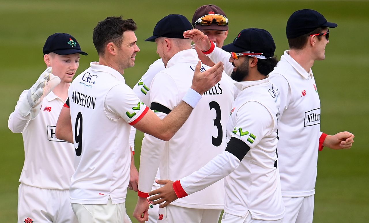 James Anderson is congratulated by Saqib Mahmood, Somerset vs Lancashire, County Championship, Division One, Taunton, April 21, 2023