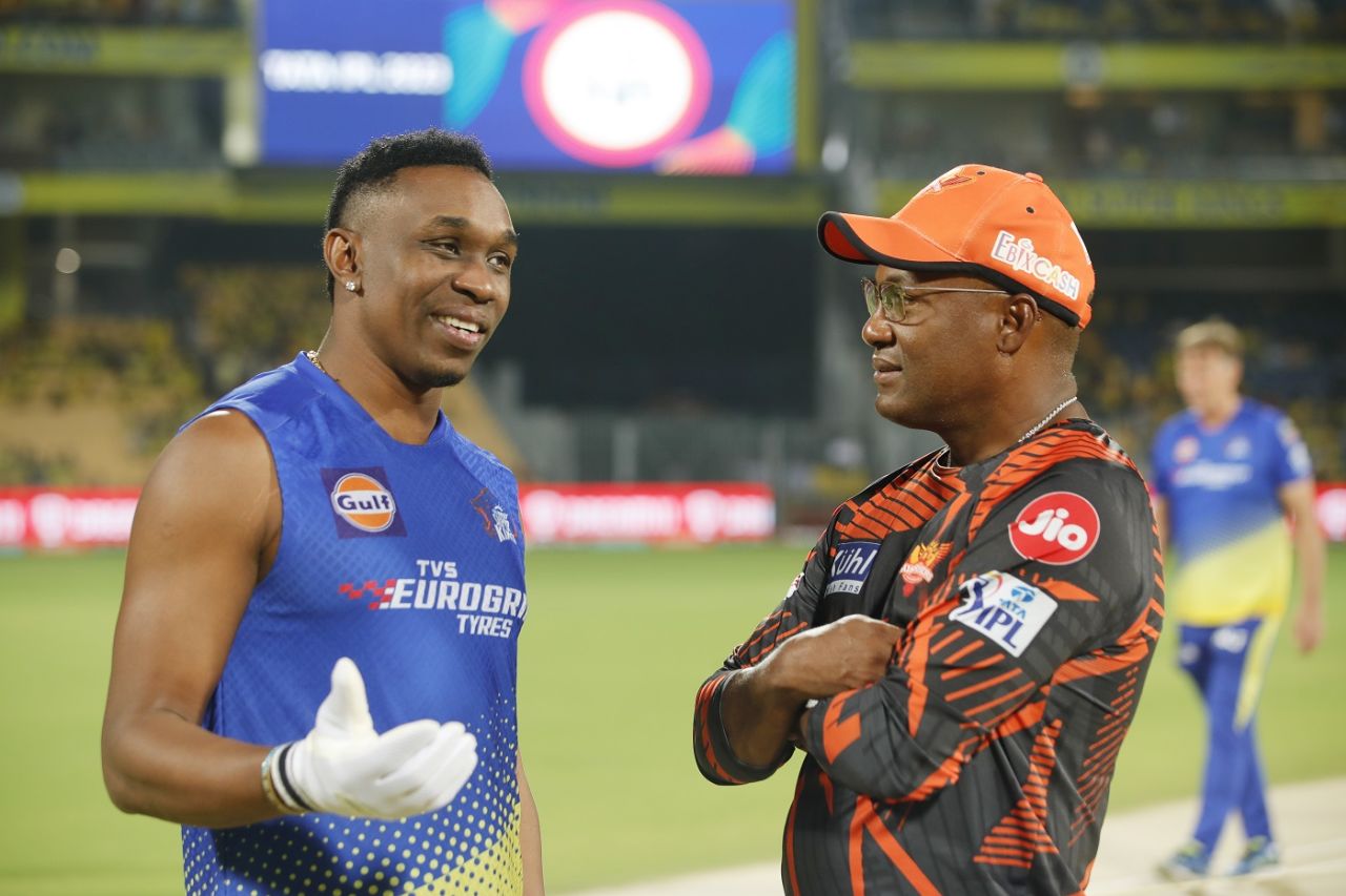 A Caribbean catch-up - Dwayne Bravo chats with Brian Lara, Chennai Super Kings vs Sunrisers Hyderabad, IPL 2023, Chennai, April 21, 2023