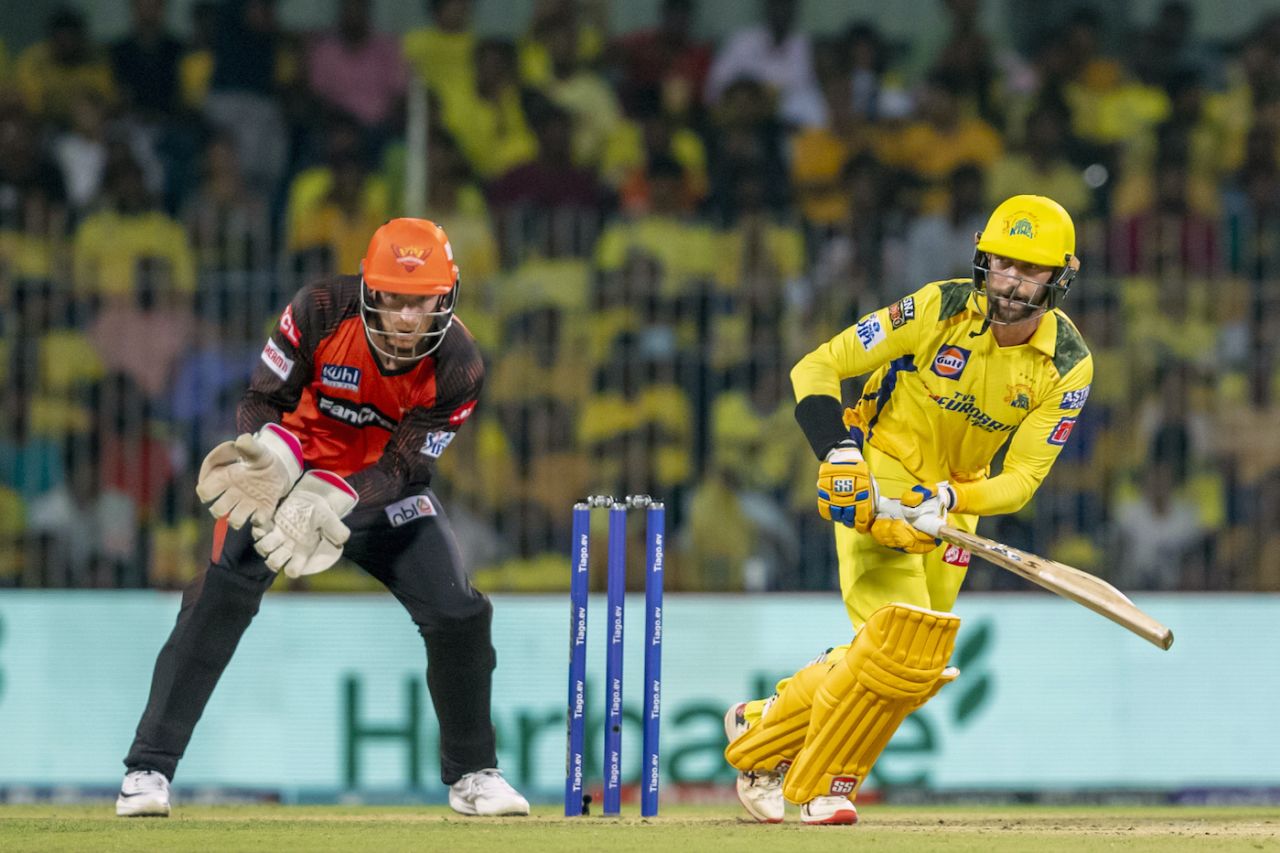 Devon Conway flicks as Heinrich Klaasen watches, Chennai Super Kings vs Sunrisers Hyderabad, IPL 2023, Chennai, April 21, 2023