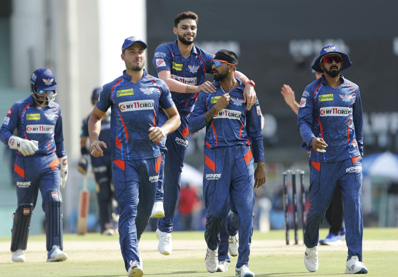 Naveen-ul-Haq leaps over Krunal Pandya in celebration, Lucknow Super Giants vs Gujarat Titans, IPL 2023, Lucknow, April 22, 2023