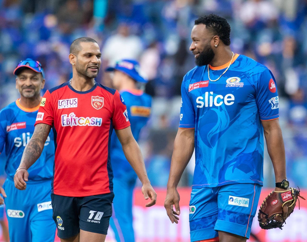 Shikhar Dhawan and Kieron Pollard catch up before the game, Mumbai Indians vs Punjab Kings, IPL 2023, Mumbai, April 22, 2023