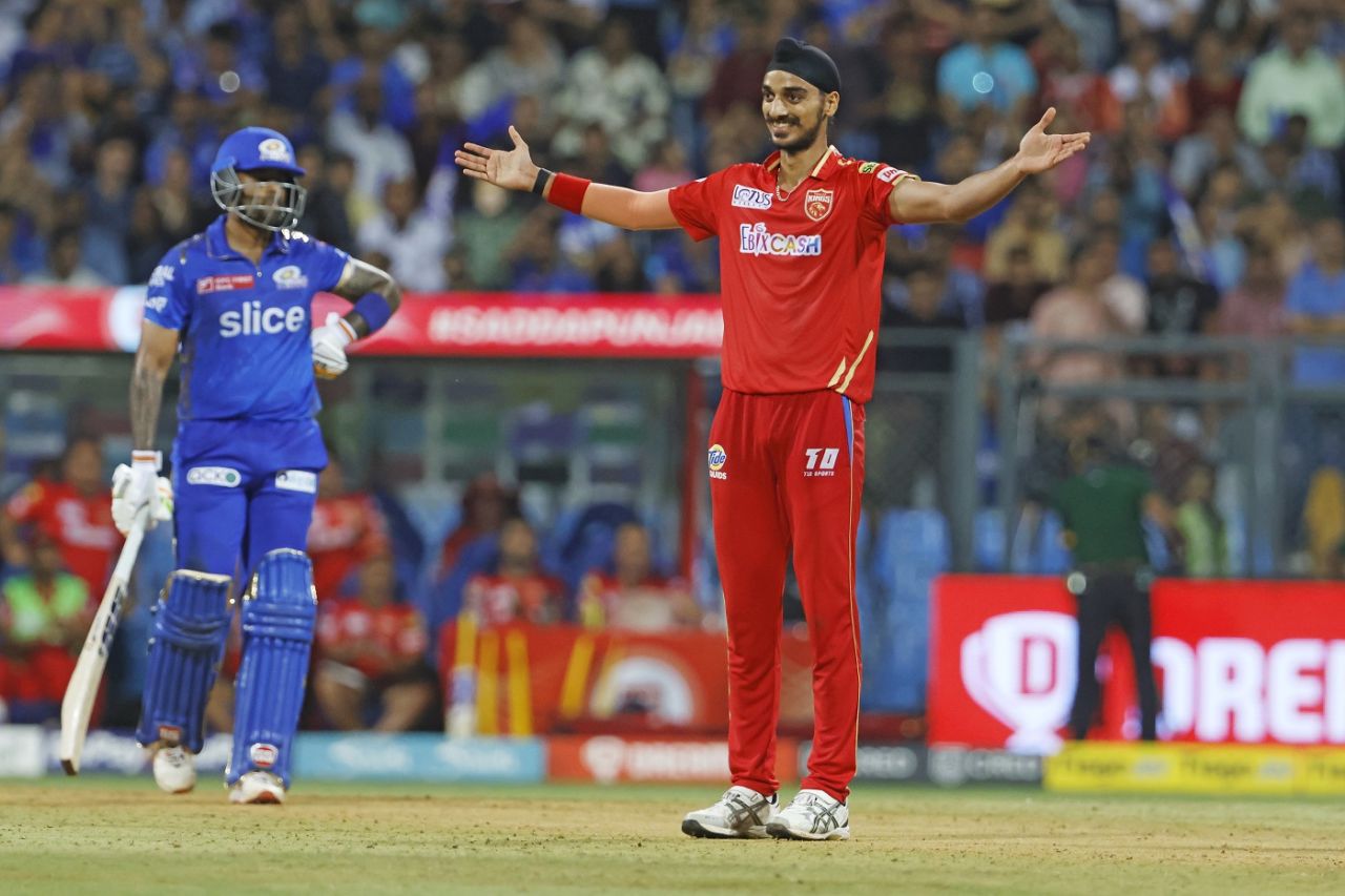 Arshdeep Singh sent back Suryakumar Yadav just when the game seemed to be slipping away from Punjab Kings' grasp, Mumbai Indians vs Punjab Kings, IPL 2023, Mumbai, April 22, 2023