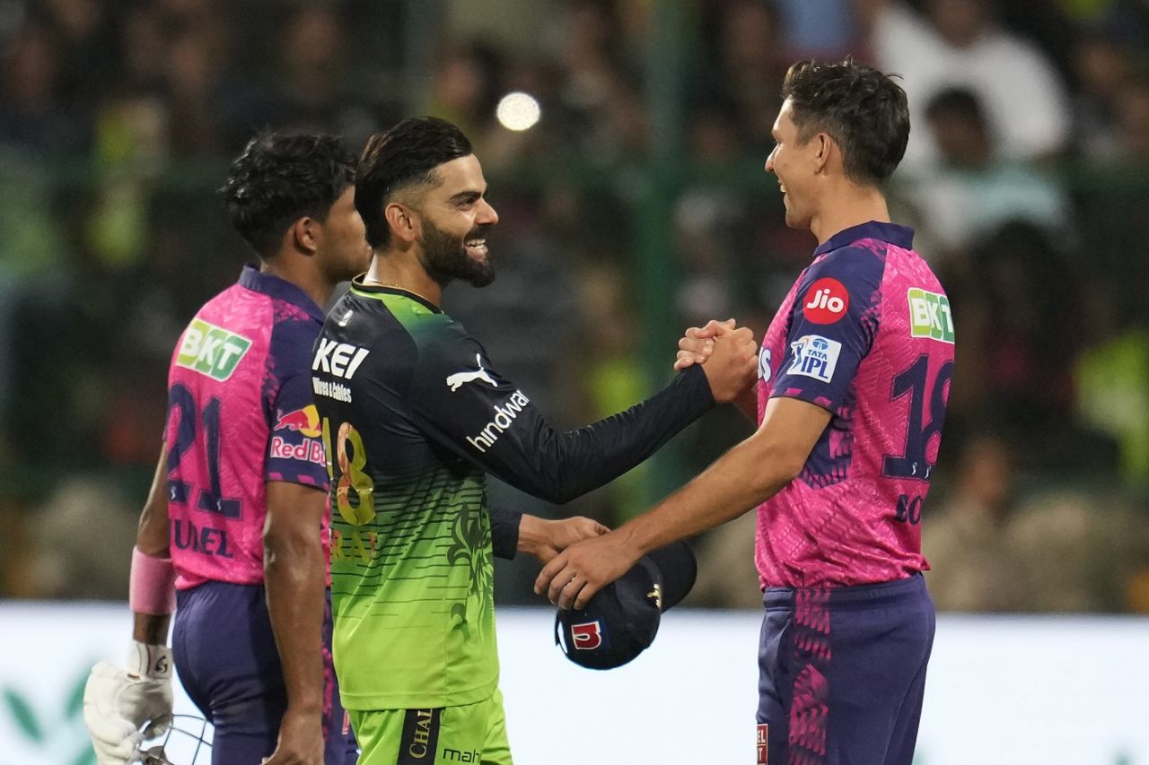 Virat Kohli and Trent Boult share a smile after RCB's game, Royal Challengers Bangalore vs Rajasthan Royals, IPL 2023, Bengaluru, April 23, 2023