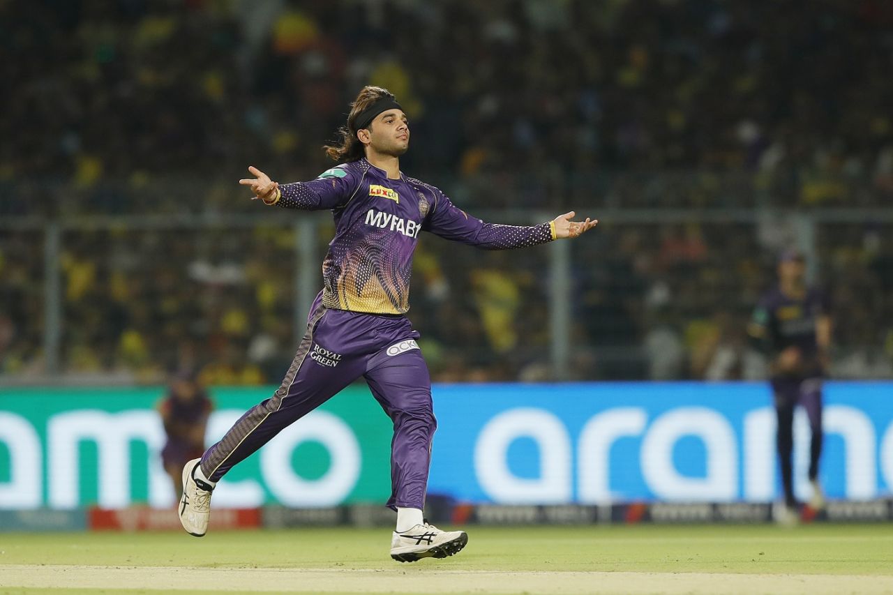 Suyash Sharma wheels away after dismissing Ruturaj Gaikwad with a googly, Kolkata Knight Riders vs Chennai Super Kings, IPL 2023, Kolkata, April 23, 2023