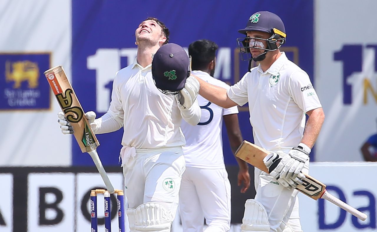 Centurion Curtis Campher looks at the heavens and gets a pat from Andy McBrine, Sri Lanka vs Ireland, 2nd Test, Day 2, Galle, April 25, 2023