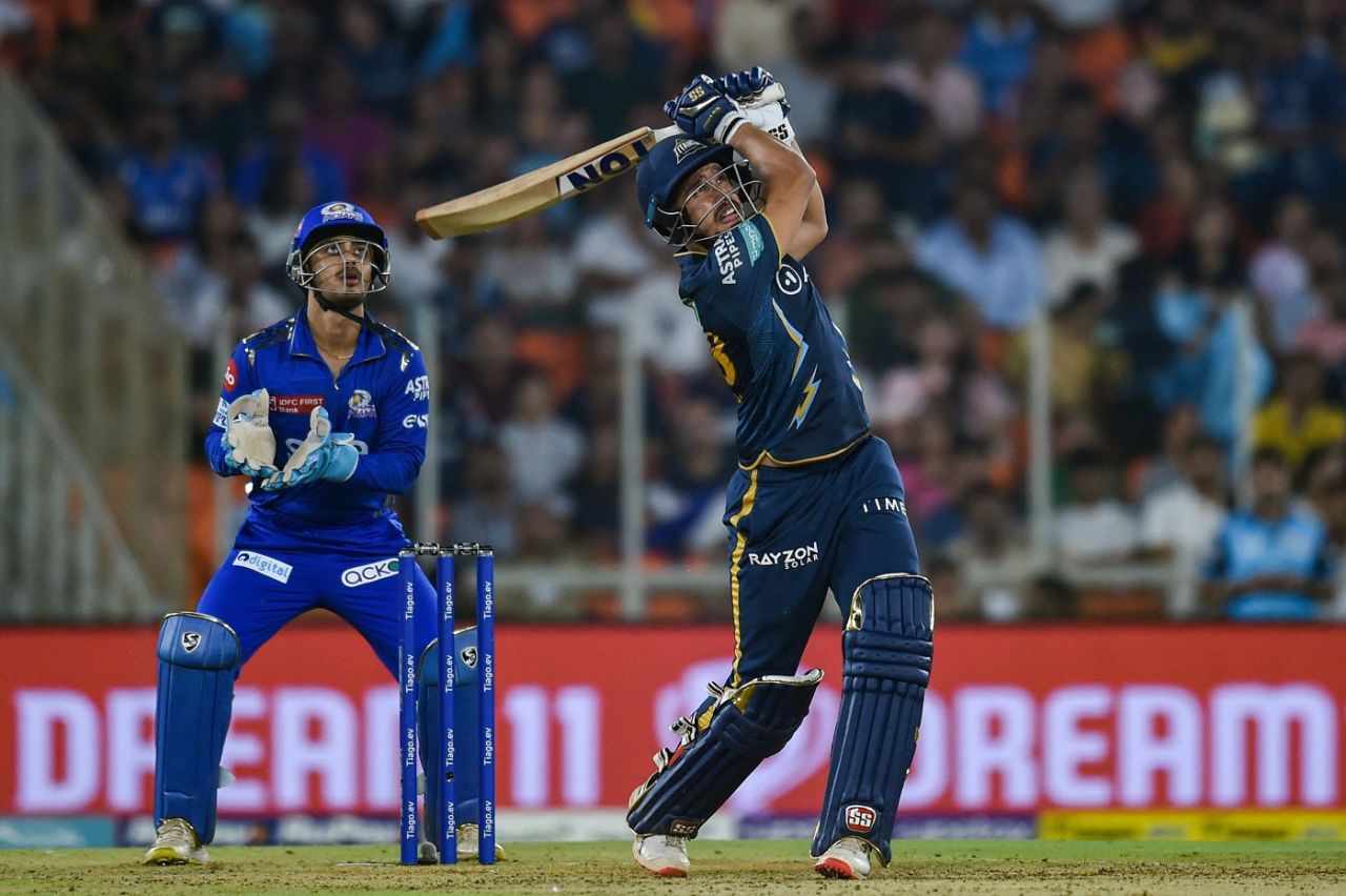 Abhinav Manohar charges down and goes big, Gujarat Titans vs Mumbai Indians, IPL 2023, Ahmedabad, April 25, 2023