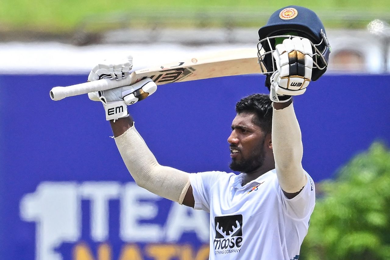 Nishan Madushka celebrates his ton, Sri Lanka vs Ireland, 2nd Test, Day 3, Galle, April 26, 2023