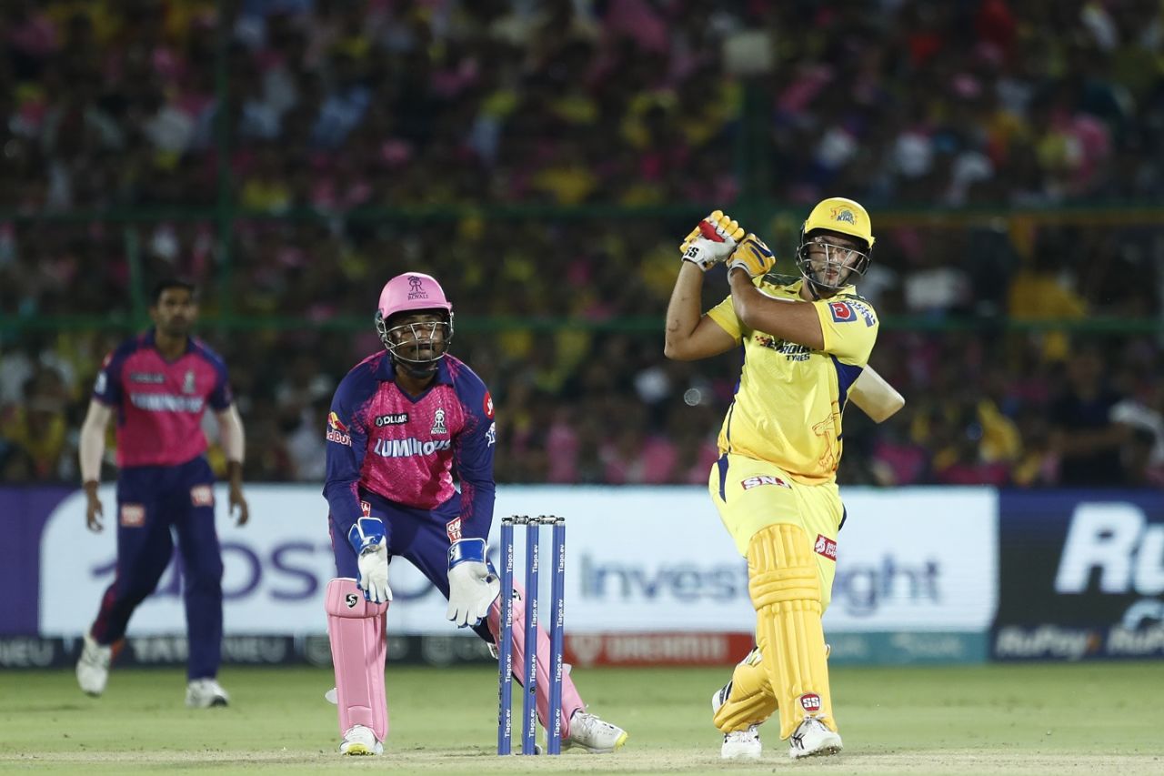 Shivam Dube hits one over the on side, Rajasthan Royals vs Chennai Super Kings, IPL 2023, Jaipur, April 27, 2023