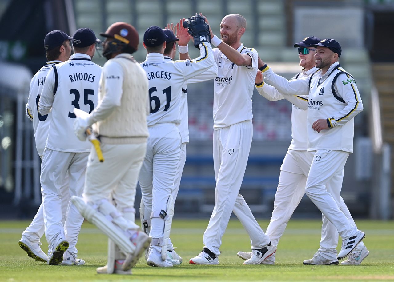 Oliver Hannon-Dalby celebrates a breakthrough, Warwickshire vs Surrey, County Championship, Division One, Edgbaston, April 28, 2023