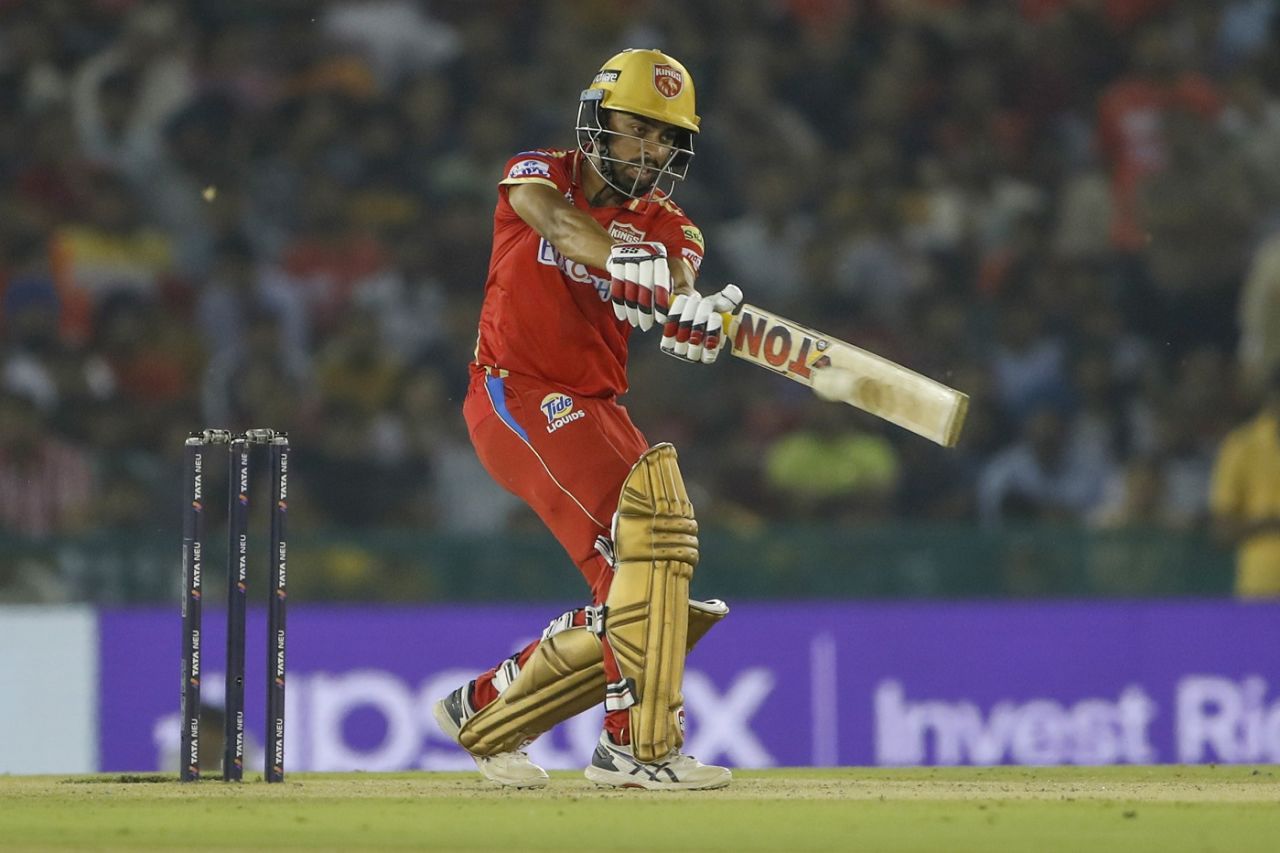 Atharva Taide hits one on the leg side, Punjab Kings vs Lucknow Super Giants, IPL, Mohali, April 28, 2023