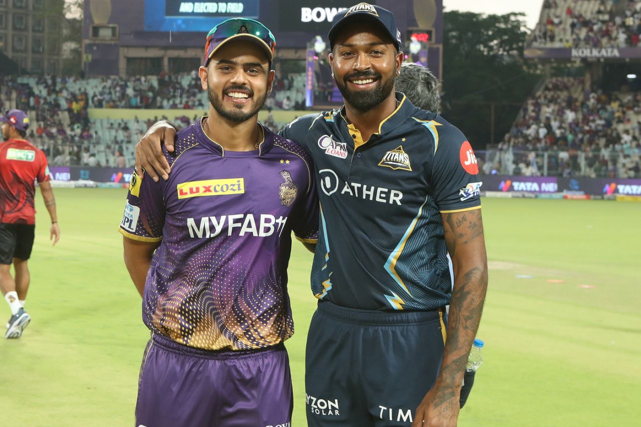 Nitish Rana and Hardik Pandya pose after the toss, Kolkata Knight Riders vs Gujarat Titans, IPL 2023, Kolkata, April 29, 2023