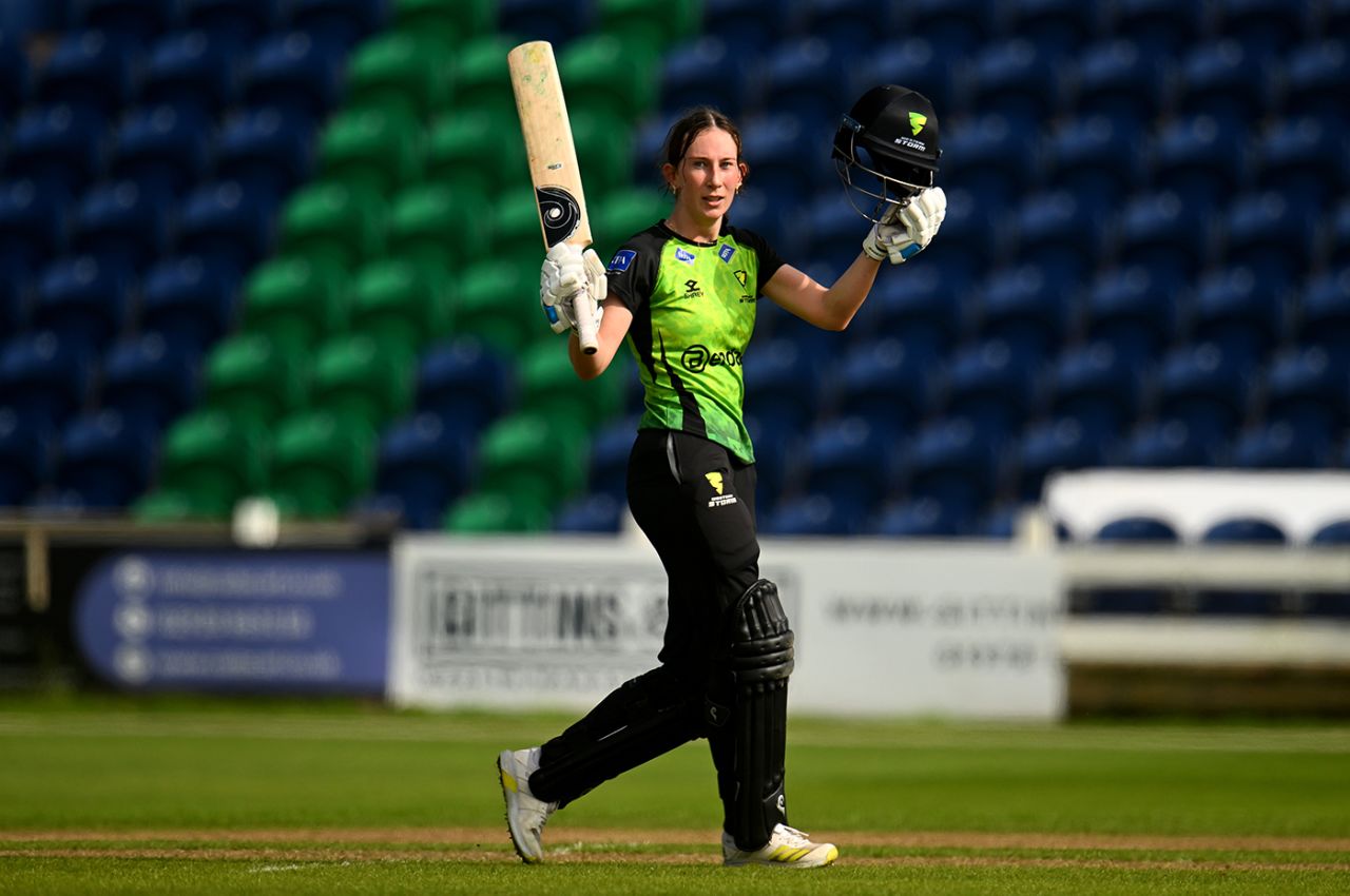 Orla Prendergast celebrates her century on debut, Rachael Heyhoe Flint Trophy, Western Storm vs Thunder, Sophia Gardens, April 29, 2023