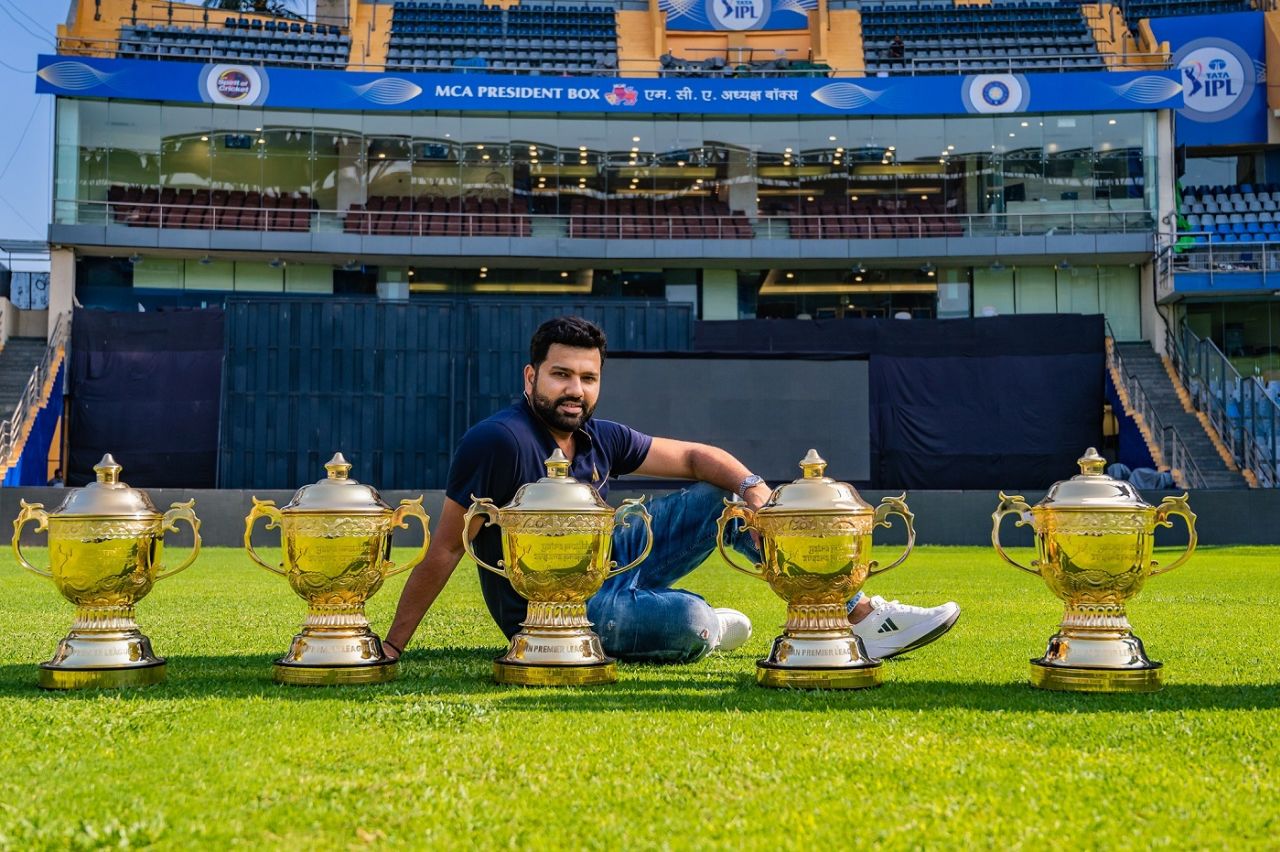 Rohit Sharma poses with the five IPL trophies he has won as Mumbai Indians captain, IPL 2023, Mumbai, April 30, 2023