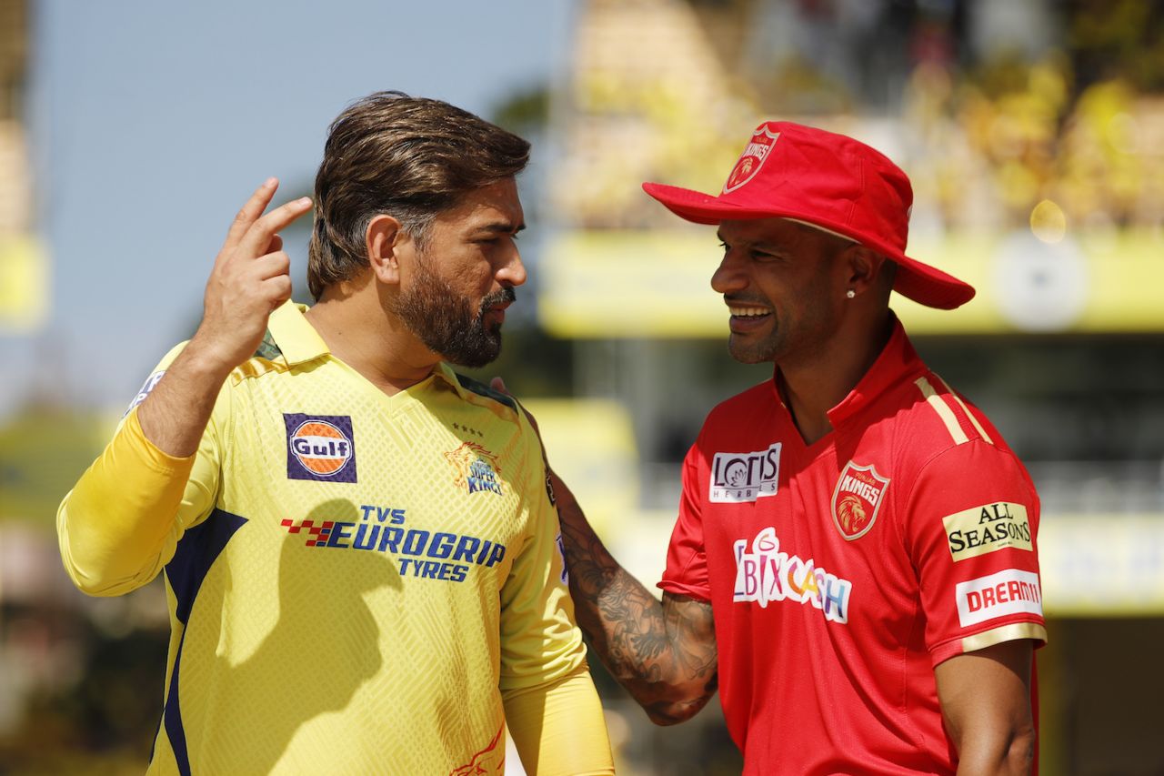 MS Dhoni and Shikhar Dhawan have a chat at the toss, Chennai Super Kings vs Punjab Kings, IPL 2023, Chennai, April 30, 2023