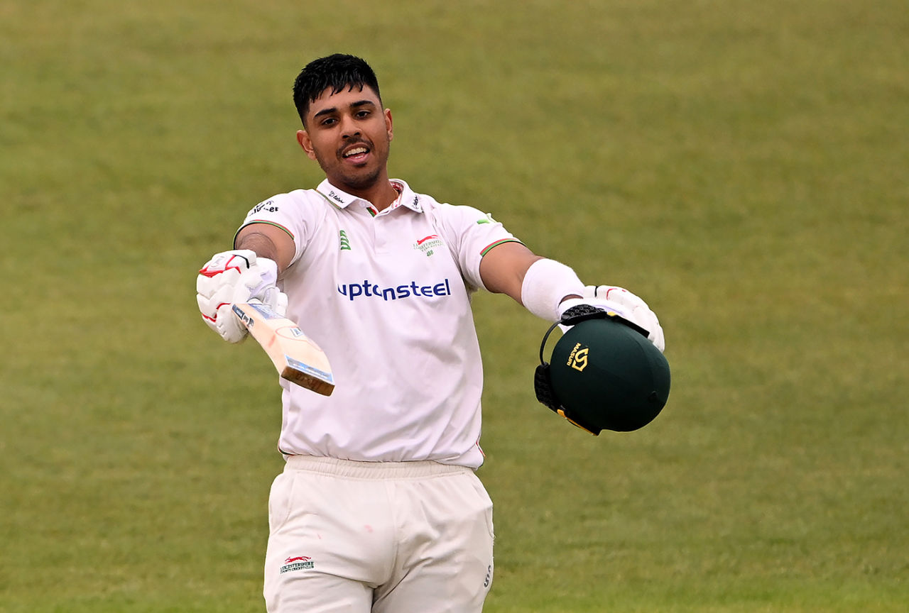 Rishi Patel celebrates reaching his hundred, Leicestershire vs Glamorgan, County Championship, Division Two, Grace Road, April 30, 2023