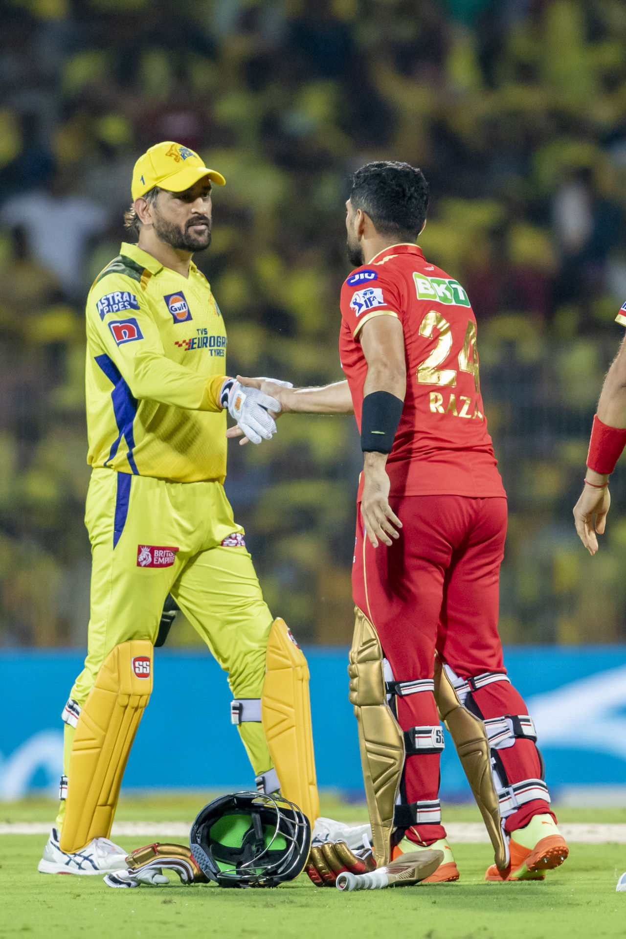 MS Dhoni, the losing captain on the night, and Sikandar Raza, who hit the winning runs in a tight finish, catch up, Chennai Super Kings vs Punjab Kings, IPL 2023, Chennai, April 30, 2023