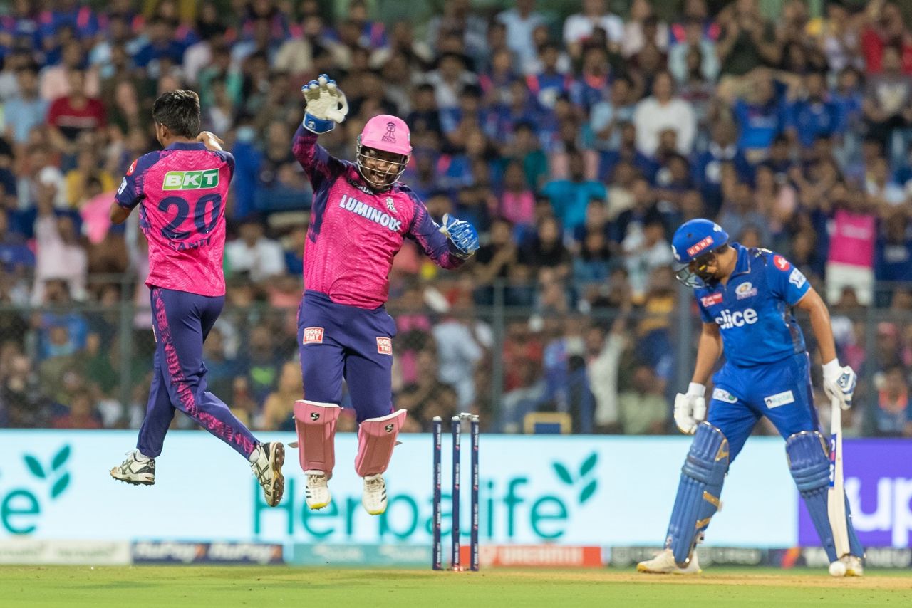 Sandeep Sharma celebrates with Sanju Samson after dismissing Rohit Sharma, Mumbai Indians vs Rajasthan Royals, IPL 2023, Mumbai, April 30, 2023