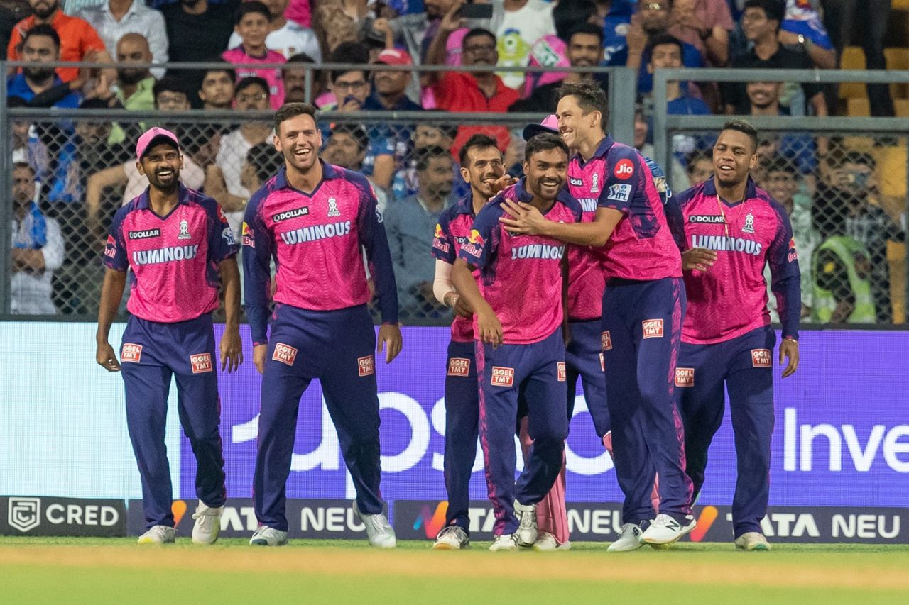 Sandeep Sharma was mobbed after a stunning catch to dismiss Suryakumar Yadav, Mumbai Indians vs Rajasthan Royals, IPL 2023, Mumbai, April 30, 2023