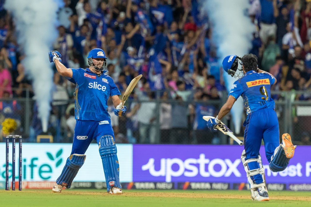 Tilak Varma rushes to congratulate Tim David, Mumbai Indians vs Rajasthan Royals, IPL 2023, Mumbai, April 30, 2023