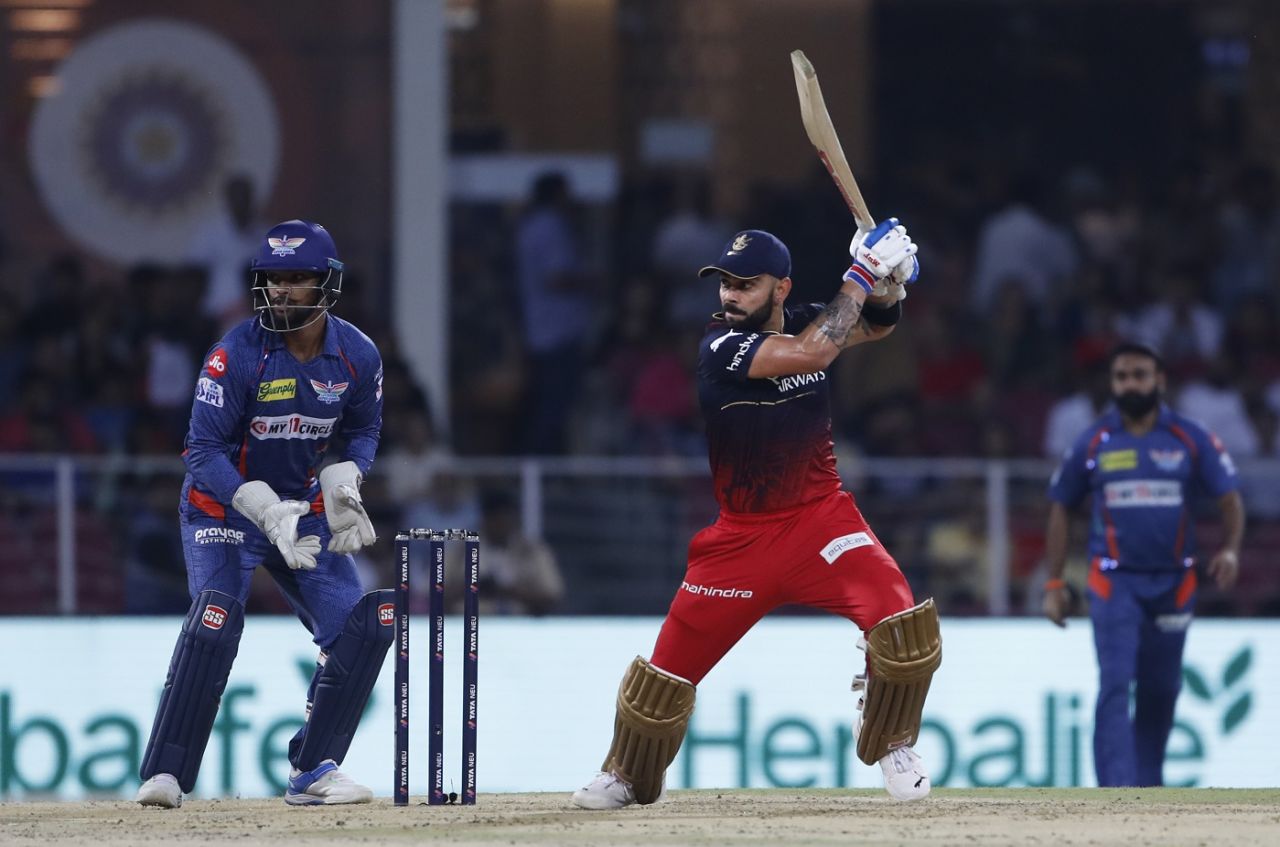 Virat Kohli hits one through the off side, Lucknow Super Giants v Royal Challengers Bangalore, IPL 2023, Lucknow, May 1, 2023