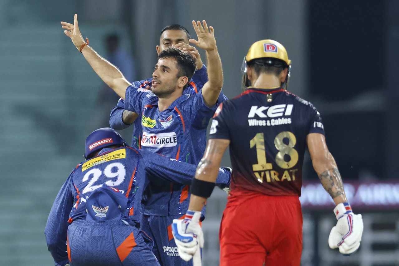 Ravi Bishnoi rejoices after dismissing Virat Kohli, Lucknow Super Giants v Royal Challengers Bangalore, IPL 2023, Lucknow, May 1, 2023