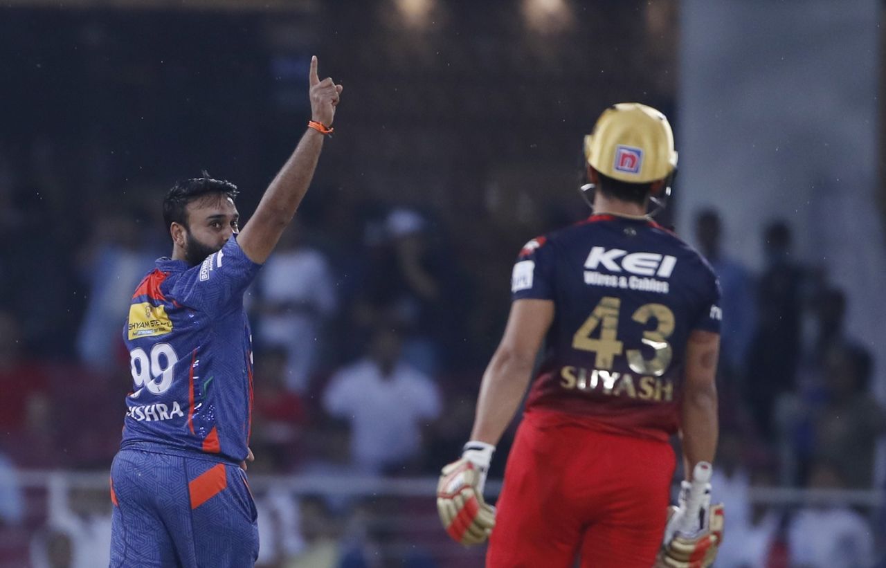 Amit Mishra gestures after getting Suyash Prabhudessai, Lucknow Super Giants v Royal Challengers Bangalore, IPL 2023, Lucknow, May 1, 2023