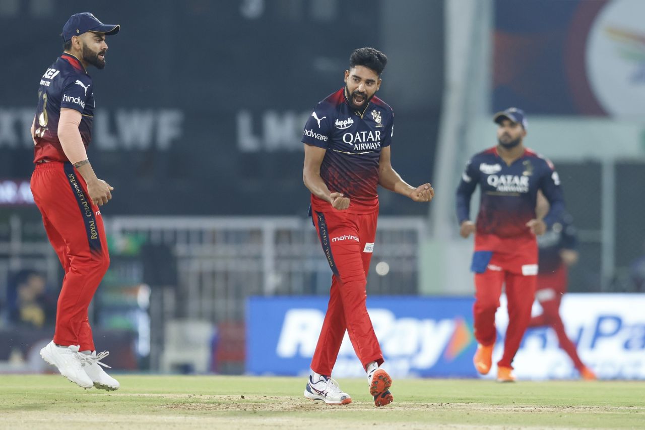 Mohammed Siraj had Kyle Mayers dismissed in the opening over, Lucknow Super Giants v Royal Challengers Bangalore, IPL 2023, Lucknow, May 1, 2023