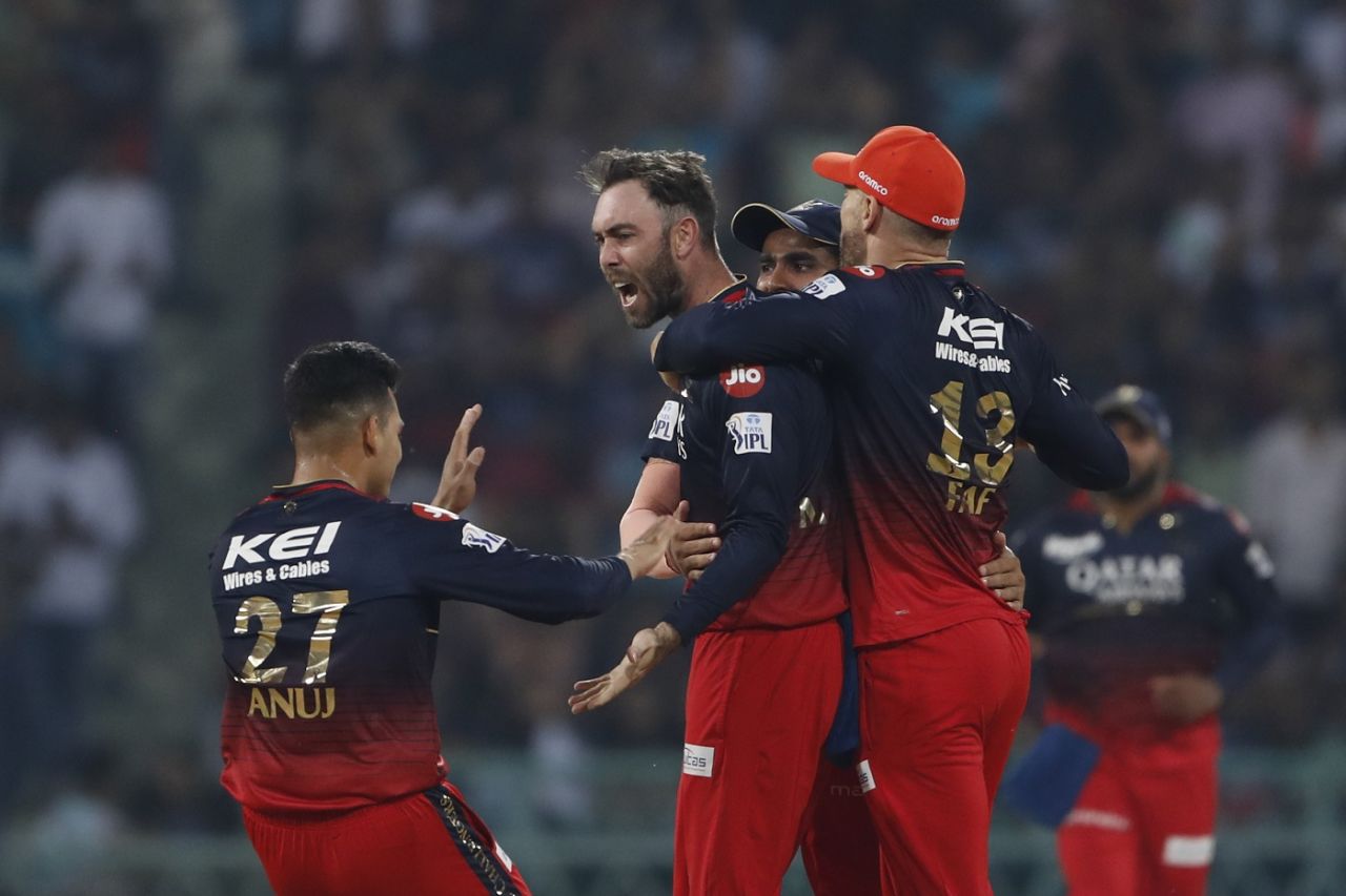 Glenn Maxwell is pumped after dismissing Krunal Pandya, Lucknow Super Giants v Royal Challengers Bangalore, IPL 2023, Lucknow, May 1, 2023