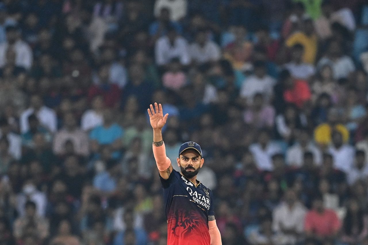Virat Kohli gestures from the outfield as RCB close in on a win, Lucknow Super Giants vs Royal Challengers Bangalore, IPL 2023, Lucknow, May 1, 2023