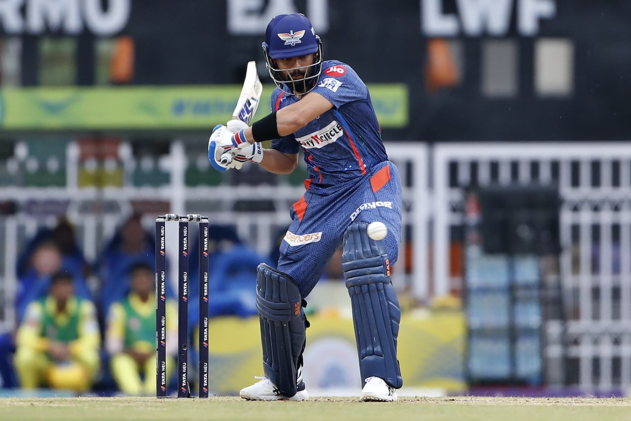 Manan Vohra sets up to play a shot, Lucknow Super Giants vs Chennai Super Kings, IPL 2023, Lucknow, May 3, 2023