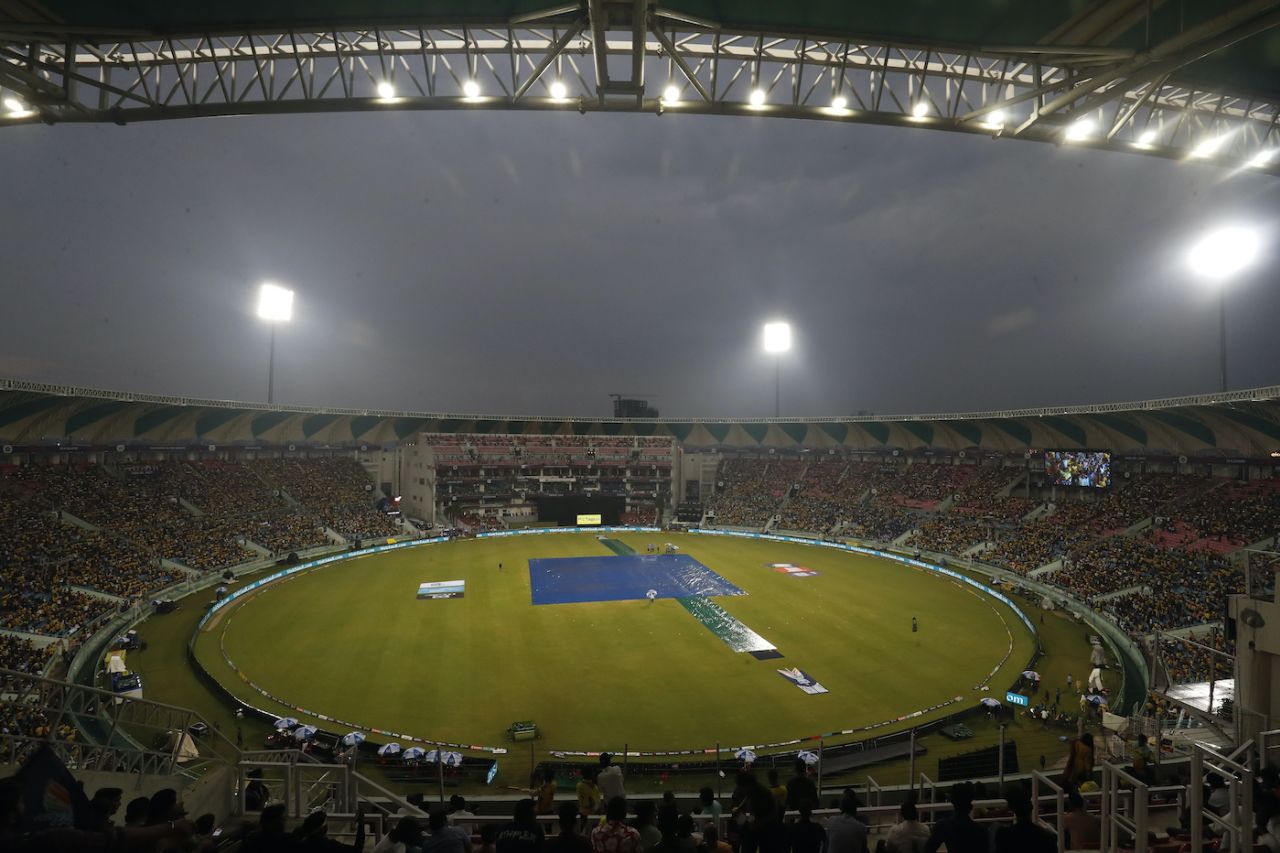 Covers were on at the Ekana Stadium due to rain, Lucknow Super Giants vs Chennai Super Kings, IPL 2023, Lucknow, May 3, 2023
