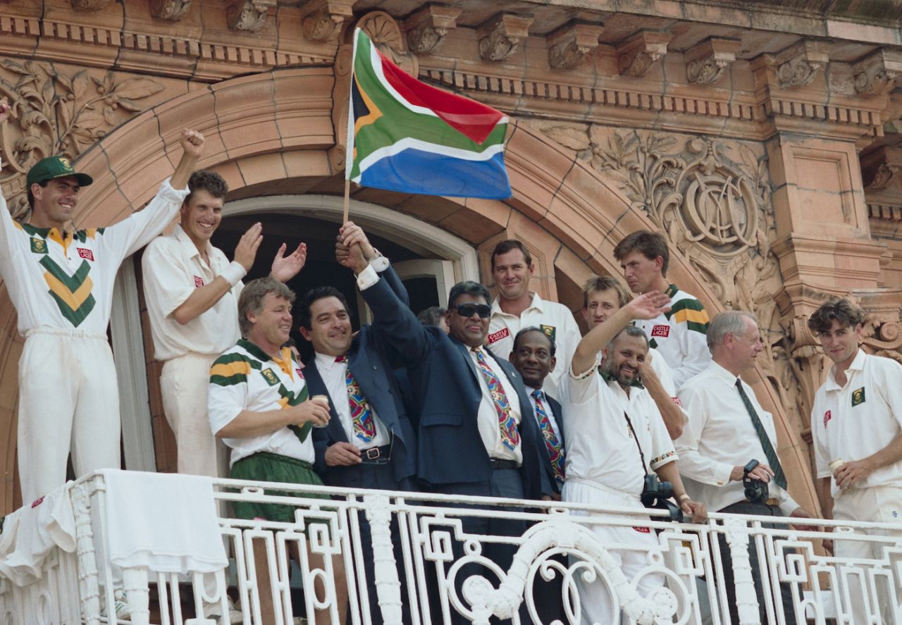 South Africa celebrate their win on the balcony. England vs South Africa, first Test, Lord's, July 24, 1994