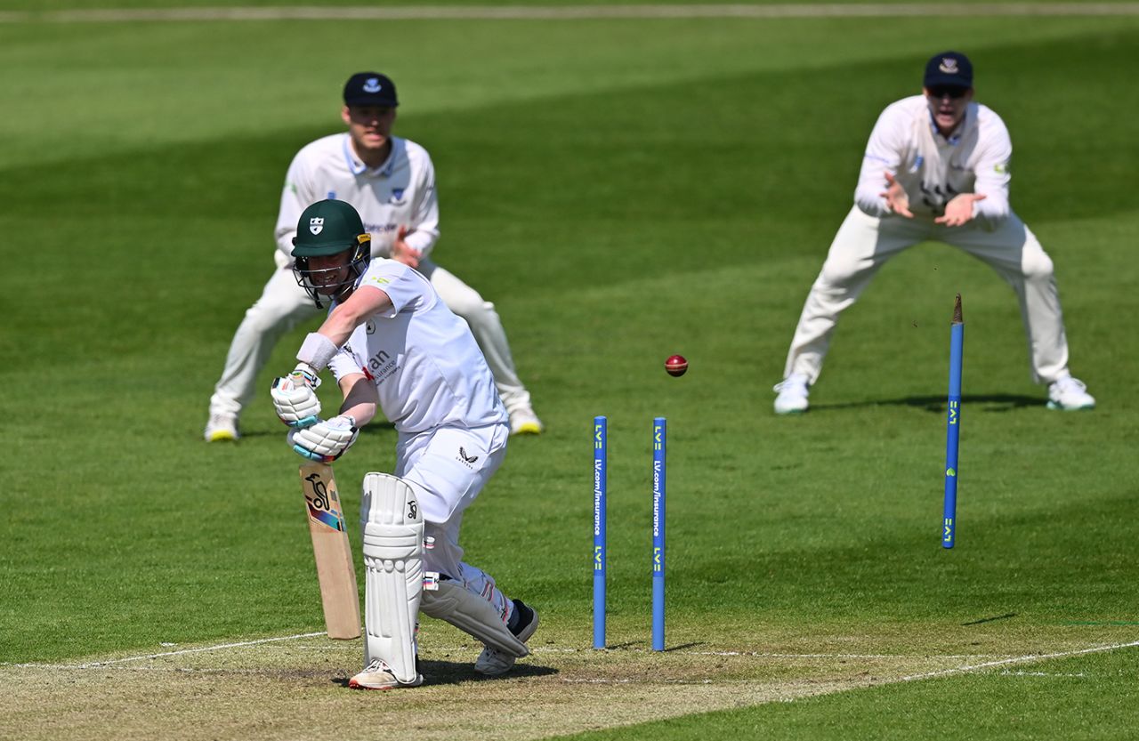 Jake Libby loses his middle stump, Worcestershire vs Sussex, County Championship, Division Two, New Road, 1st day, May 4, 2023