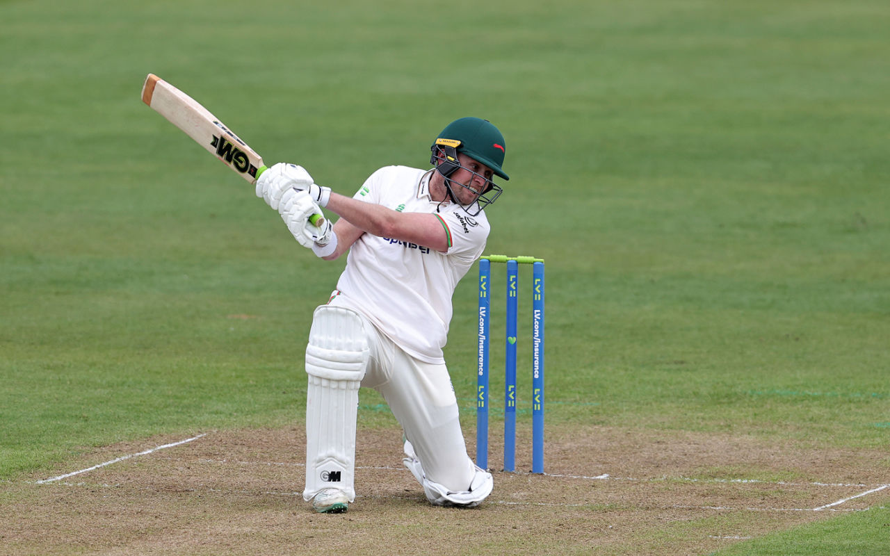 Sol Budinger thrashes through the off side, Derbyshire vs Leicestershire, Derby, County Championship Division Two, May 4, 2023