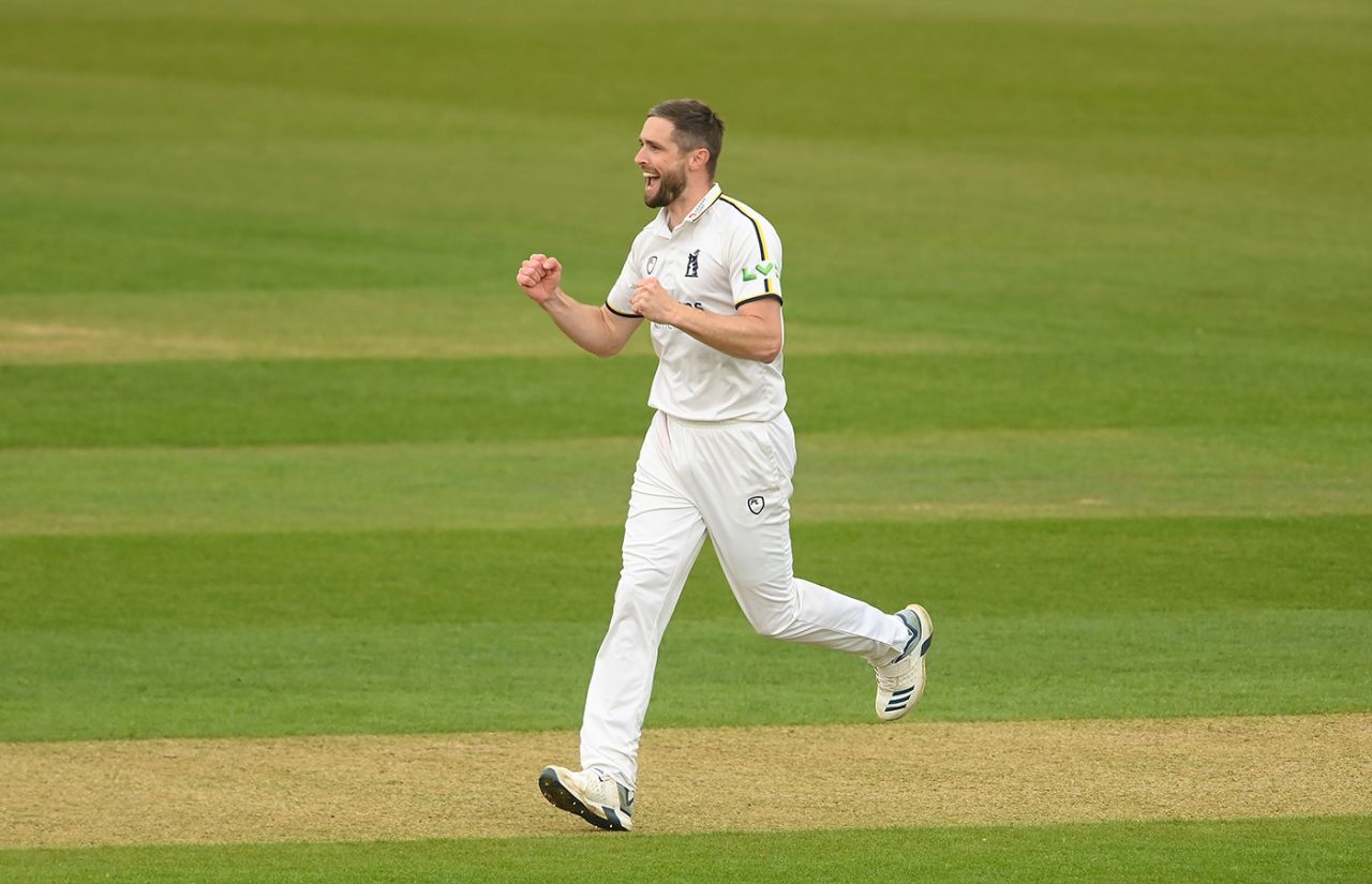 Chris Woakes celebrates a wicket, Hampshire vs Warwickshire, County Championship, Division One, Ageas Bowl, May 4, 2023
