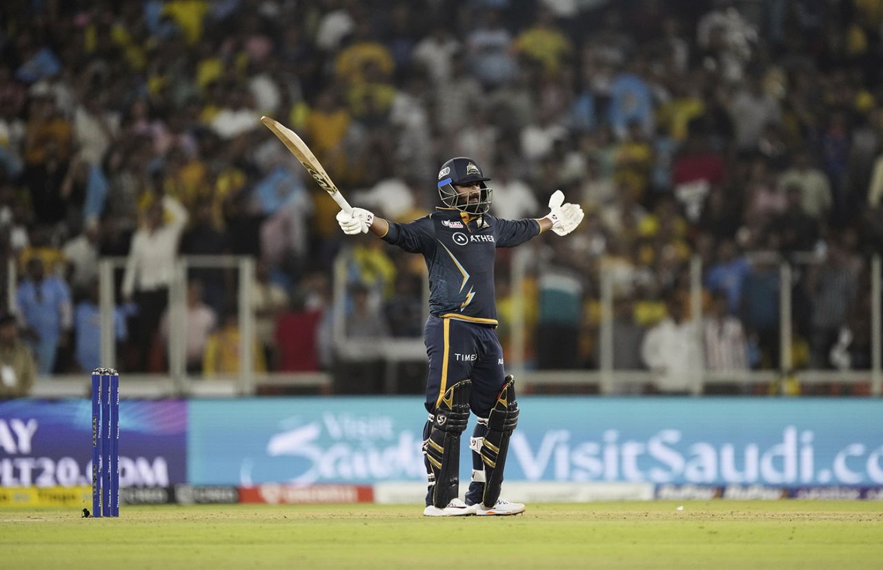 Rahul Tewatia opens his arms wide while celebrating Gujarat Titans' win, Gujarat Titans vs Chennai Super Kings, IPL 2023, Ahmedabad, March 31, 2023