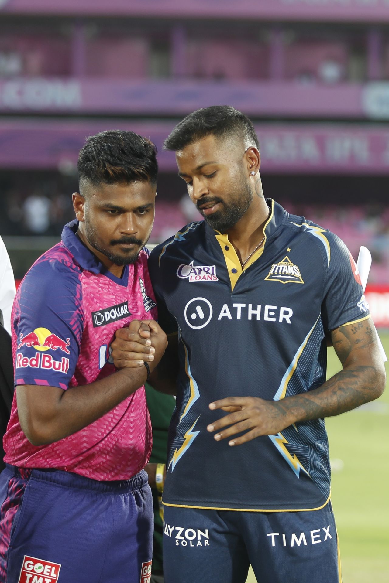 Sanju Samson and Hardik Pandya embrace at the toss, Rajasthan Royals vs Gujarat Titans, IPL 2023, Jaipur, May 5, 2023