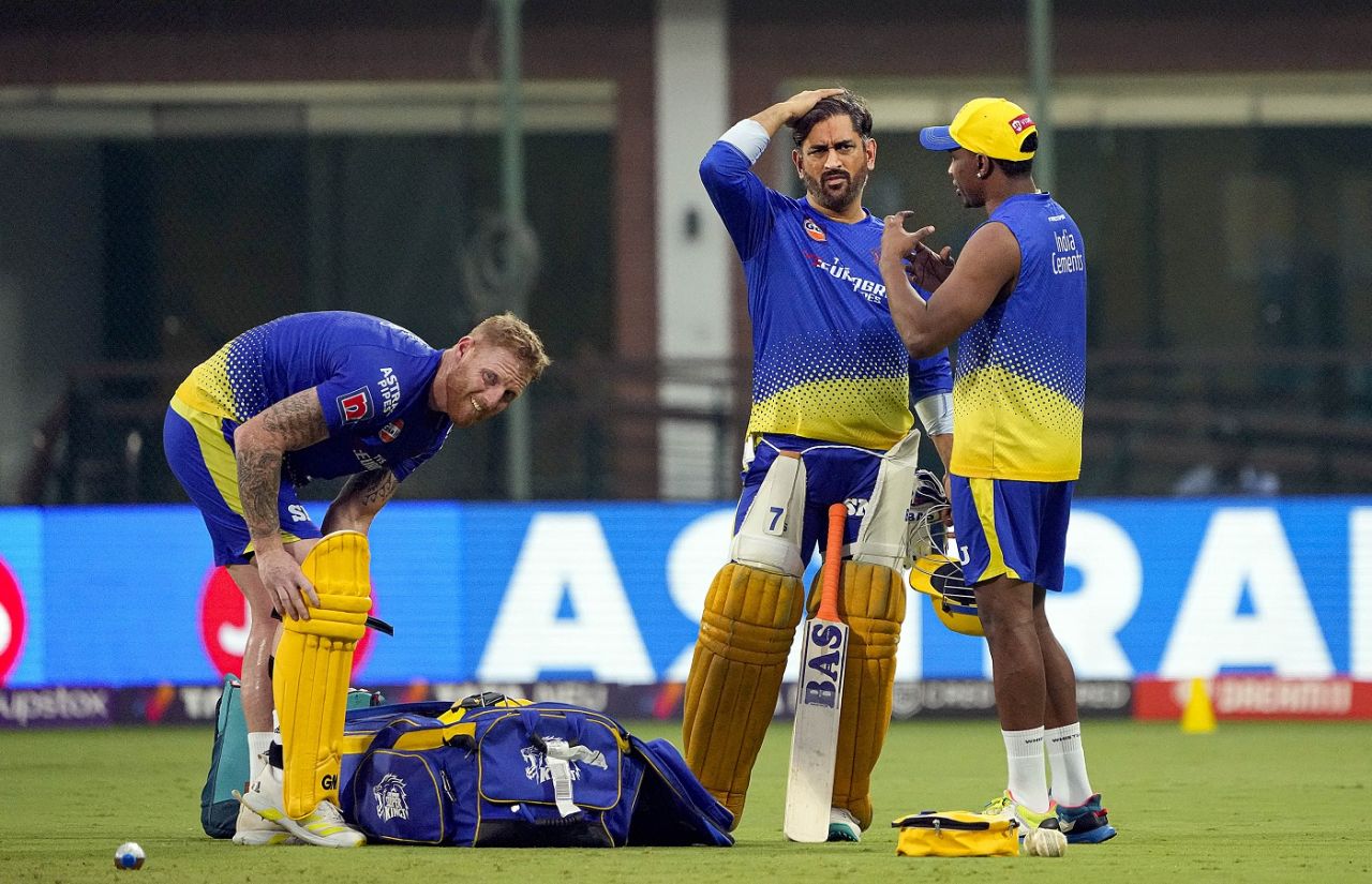 Ben Stokes, MS Dhoni and Dwayne Bravo at a training session, Chennai, May 5, 2023