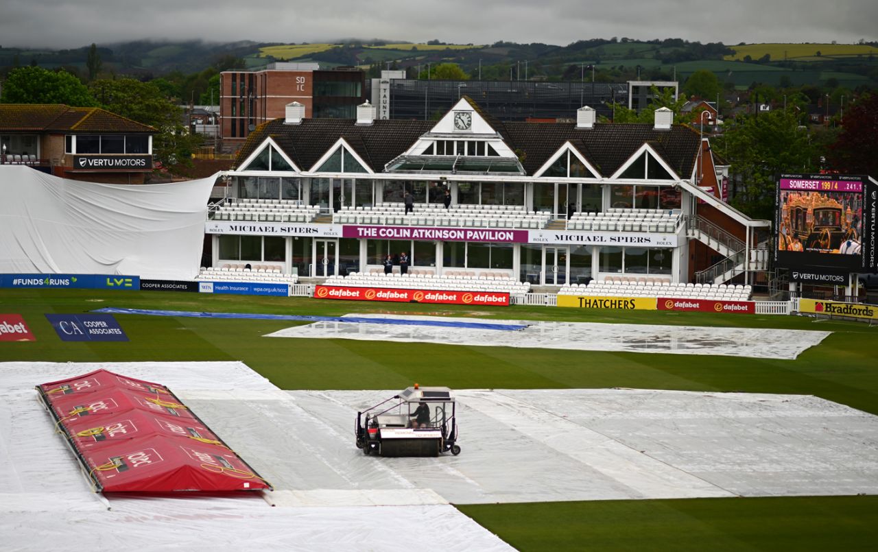 The coronation of King Charles III plays on the big screen at a wet Taunton, Somerset vs Nortnants, Taunton, County Championship, 3rd day, May 6, 2023