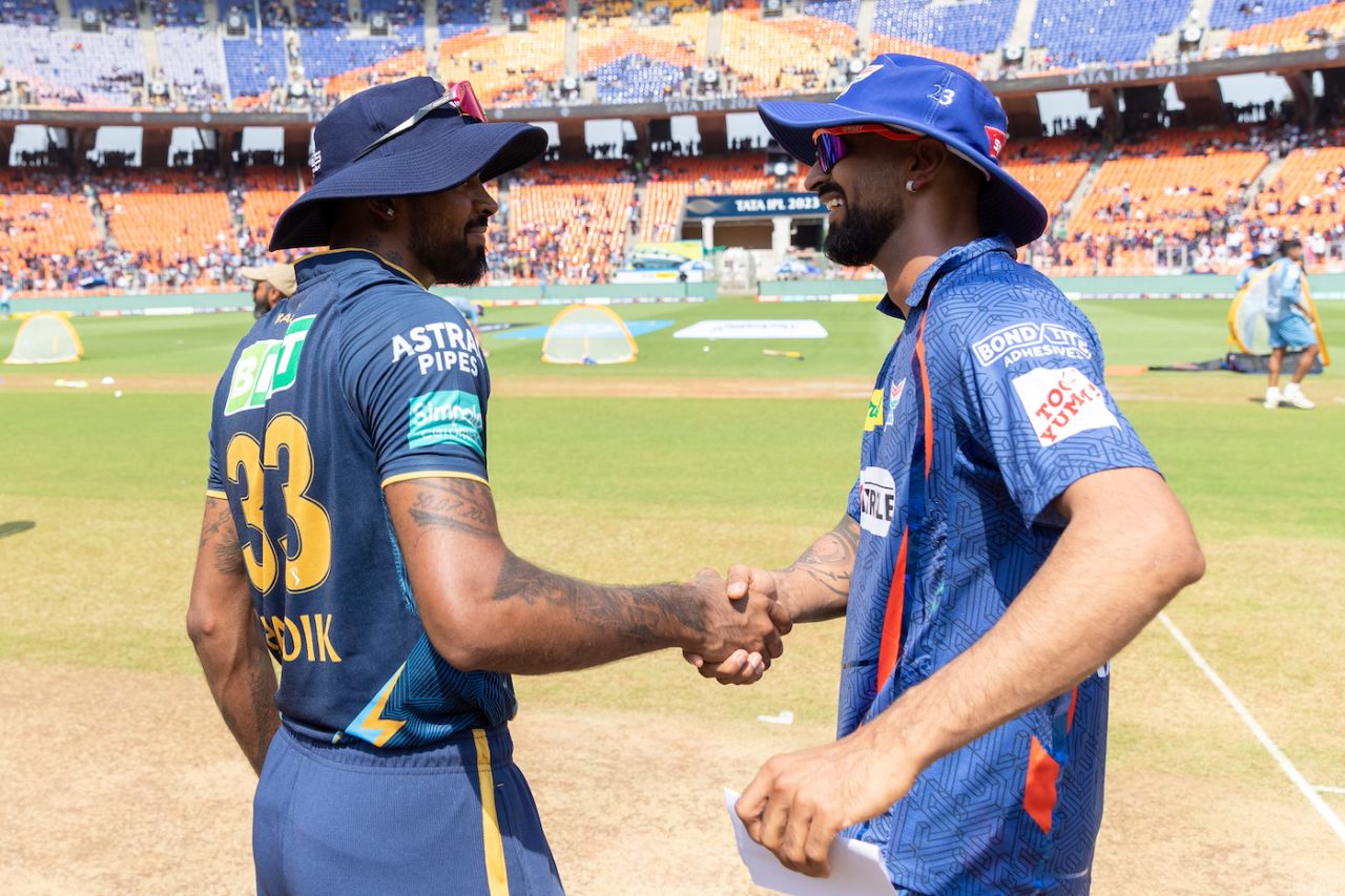 Hardik Pandya and Krunal Pandya shake hands at the toss, Gujarat Titans vs Lucknow Super Giants, IPL 2023, Ahmedabad, May 7, 2023