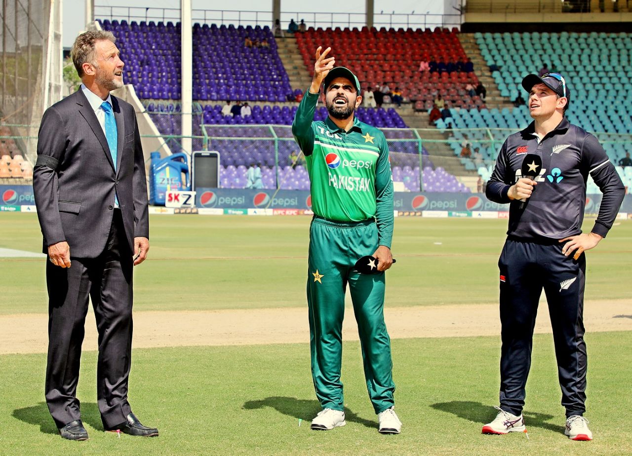 Babar Azam, in his 100th ODI, spins the coin as Tom Latham and Chris Broad look on, Pakistan vs New Zealand, 5th ODI, Karachi, May 7, 2023