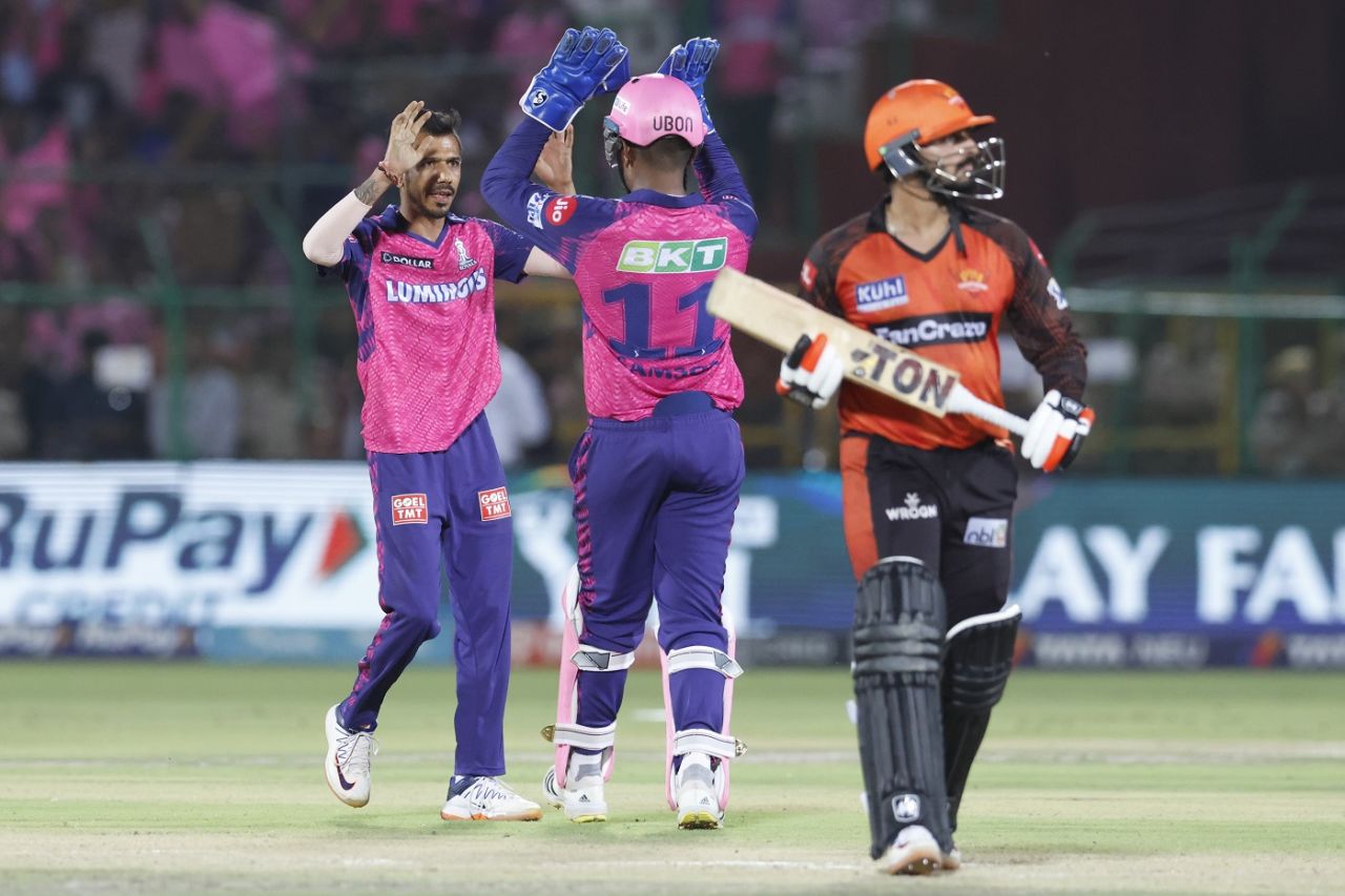Yuzvendra Chahal celebrates with Sanju Samson the dismissal of Anmolpreet Singh, Rajasthan Royals vs Sunrisers Hyderabad, IPL 2023, Jaipur, May 7, 2023