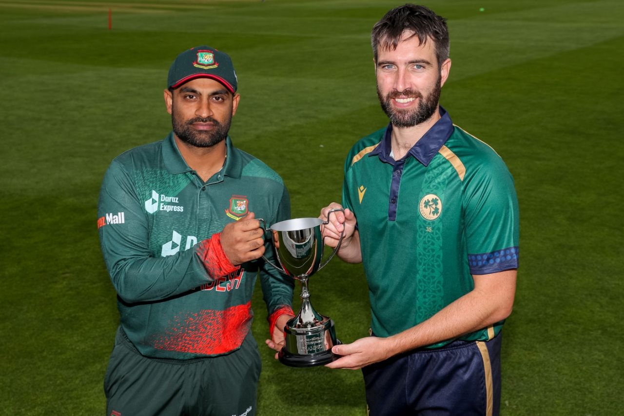 Tamim Iqbal and Andy Balbirnie pose with the ODI series trophy, Chelmsford, May 8, 2023