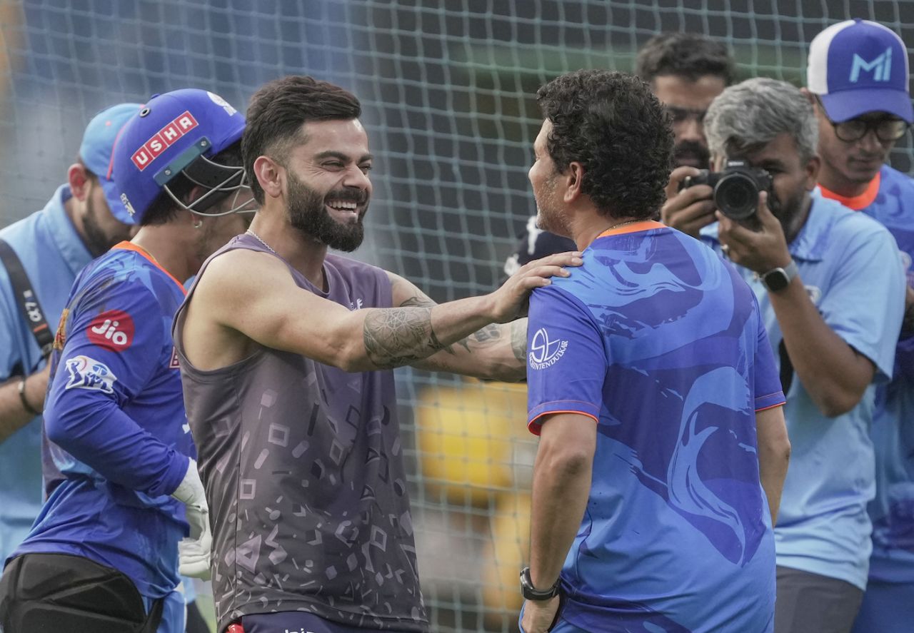 Virat Kohli greets Sachin Tendulkar during a training session, IPL 2023, Mumbai, May 8, 2023