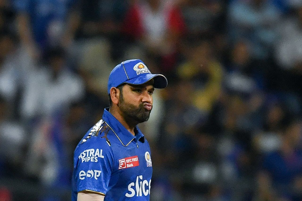 Rohit Sharma emotes as he looks on, Mumbai Indians vs Royal Challengers Bangalore, IPL 2023, Mumbai, May 9, 2023
