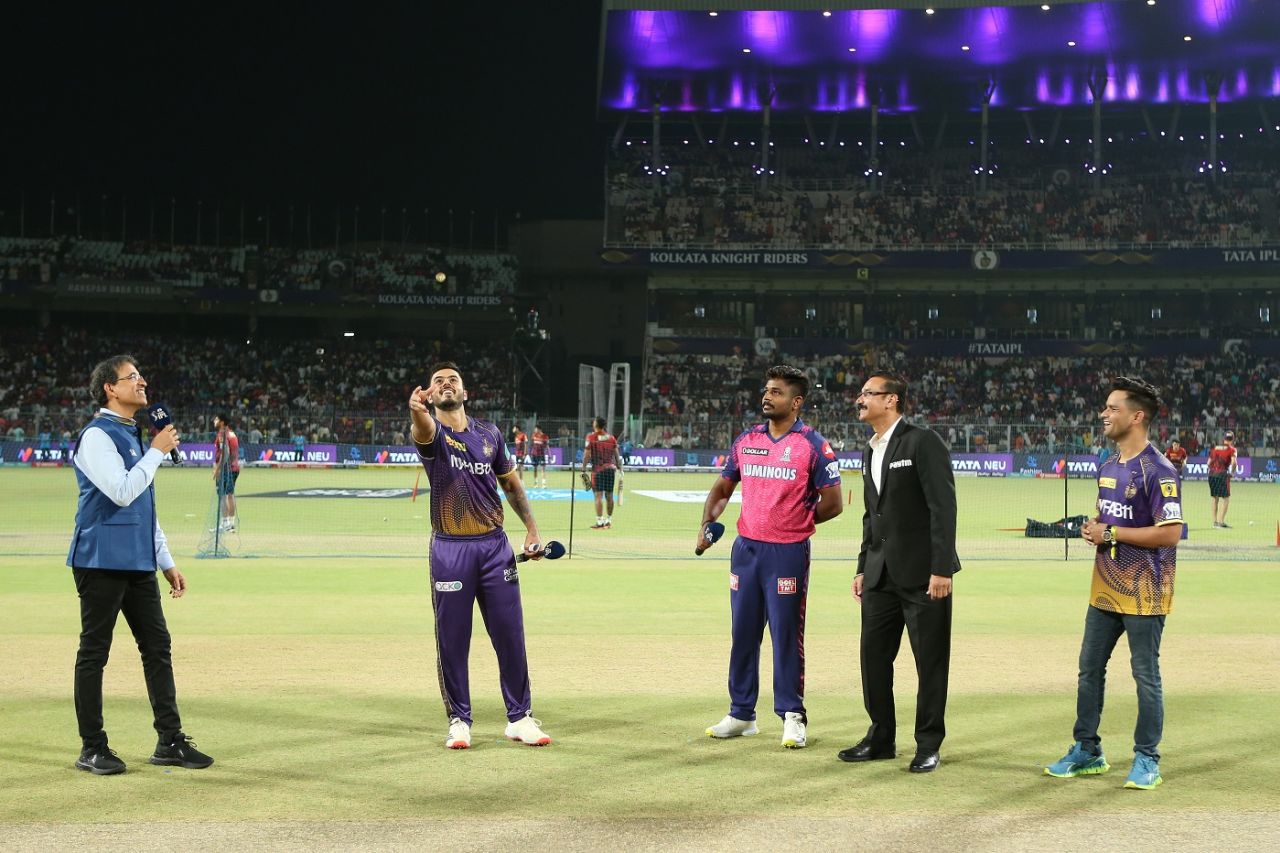 Nitish Rana and Samju Samson at the toss, Kolkata Knight Riders vs Rajasthan Royals, IPL 2023, Kolkata, May 11, 2023