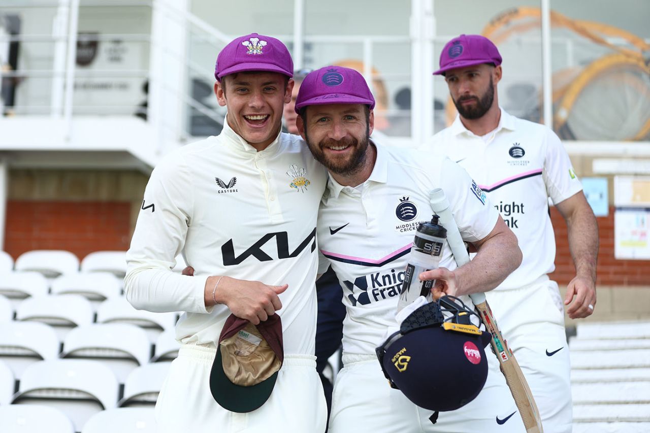 Jamie Smith and Mark Stoneman don their specially commissioned pink caps, in memory of the daughter of former Surrey bowler, Matt Dunn, Surrey vs Middlesex, The Oval, May 11, 2023